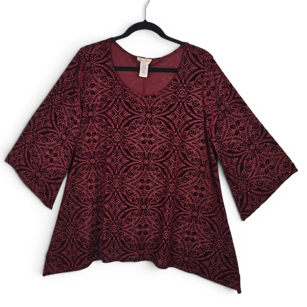 Brittany Black Woman Burgundy Burnout Velvet Damask Tunic Bell Sleeve Top 3X